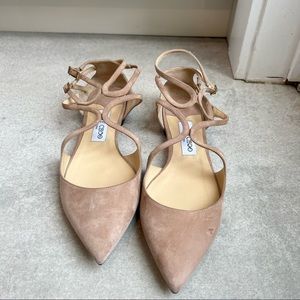Lancer Jimmy Choo nude strap ballet flats pointed toe suede blush